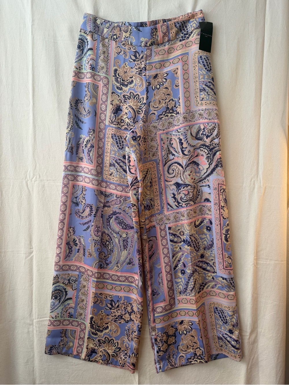 Tahari ASL Lavender and Pink Paisley Wide-Leg Flowy Trousers NWT
